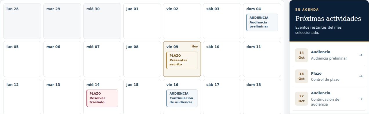 Captura demostrativa de la agenda jurídica, calendario con audiencias, plazos y actividades próximas.